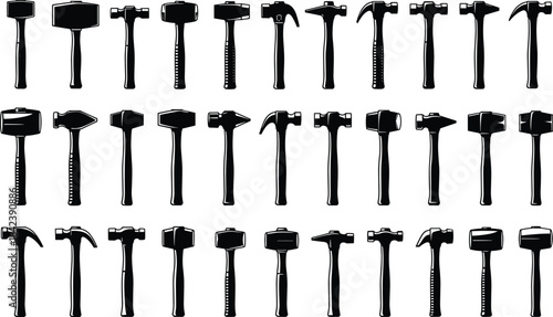 Blacksmith Tools and Hammers Set Vector Illustration Isolated: Diverse Mallets, Sledge, Ball-peen, Claw, and Power Hammers for Carpentry, Construction, and Forging Work.