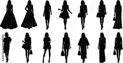 Black Silhouettes of Fashionable Women in Diverse Attire: Vector Set of Female Models Posing in Formal Dresses, Casual Wear, and Street Style Outfits.