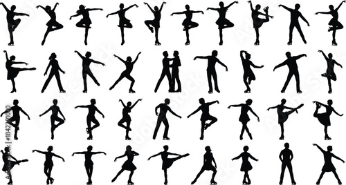 Figure Skating Silhouettes Set: Diverse Poses, Ice Skaters, Couples, and Women Performing Artistic Jumps and Spins Vector Collection