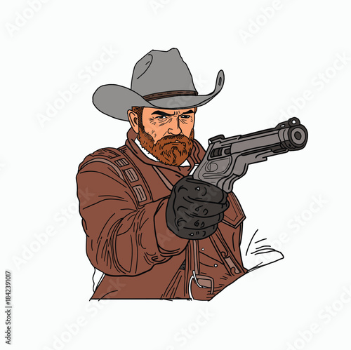Angry Bearded Cowboy in Classic Western Hat and Leather Jacket Drawing a Large Revolver Pistol - Fierce Gunslinger Outlaw Ready to Shoot - Wild West Gunfighter Character