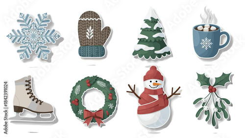 Set of winter holiday icons snowflake, mitten, tree, cocoa, skates, wreath, snowman, mistletoe