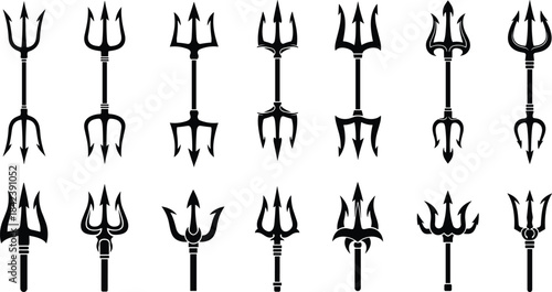 Neptune Poseidon Trident Vector Set Isolated Silhouette Ancient Mythology God Weapon Symbol Black Icon Tattoo Design Element Collection