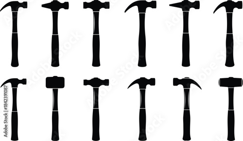 Set of Silhouette of Different Types of Hammers and Mallets Black Icons Collection for Construction, Carpentry, and Repair Work Tools Vector Illustration