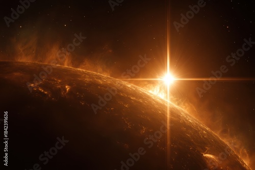 A bright celestial body, glowing with intense light and fiery flares, dominates the darkness of space, casting an otherworldly glow on the scene.