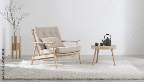 Minimal modern living room with a wooden armchair, small coffee table, teapot set, and neutral decor in a bright, minimalist interior setting.