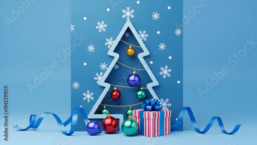 Festive Blue Christmas Card with Elegant Cutout Tree, Colorful Ornaments, Snowflakes, and Gift Box Design