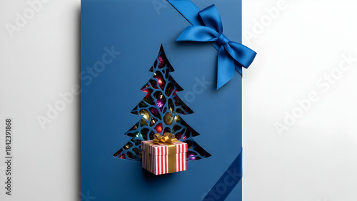 Artistic Blue Christmas Card with Cutout Tree Filled with Colorful Lights and Gift Box, Festive Design