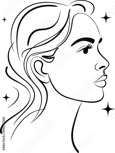 Vector illustration of a woman's beauty profile silhouette featuring her head, face, eyes, lips, and elaborate hairstyle line art design