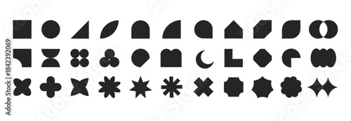 Y2K brutalism abstract elements set. Simple geometric shapes, stars and flowers. Trendy modern graphic icons for decoration, posters, futuristic design. Black silhouettes isolated on white background.