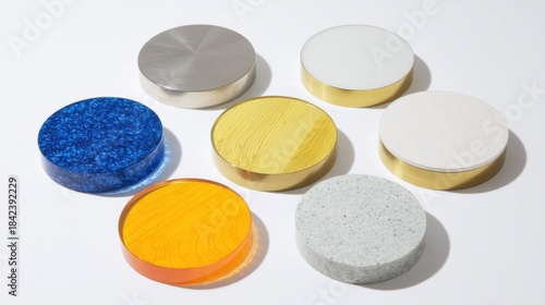 Seven colorful round objects with various patterns are neatly arranged on a clean white surface.