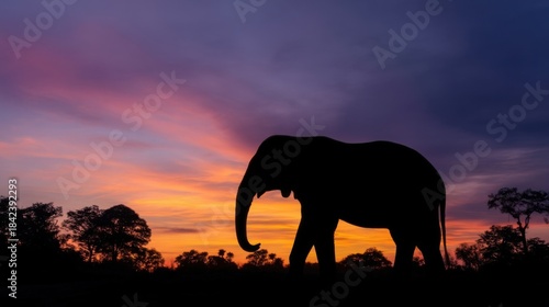 Silhouette of an elephant standing against a vibrant sunset sky, warm hues, serene landscape, peaceful scene,