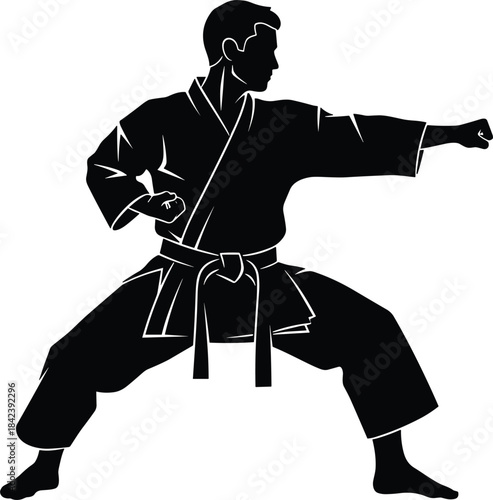 Dynamic black silhouette of a Karate man or martial arts practitioner performing a powerful punch in a wide stance, illustrating self-defense, discipline, combat sports, fitness, 