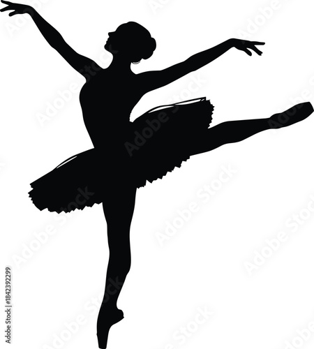 Elegant Black Silhouette of a Graceful Ballerina Dancer Performing a Beautiful Arabesque Pose on Pointe Shoes, Capturing the Artistry and Passion of Classical Ballet Dance
