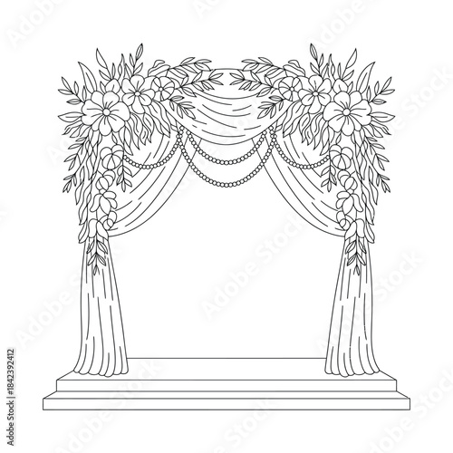 Line art sketch drawing of floral wedding arbor draped curtains flowers chains stage architecture vector