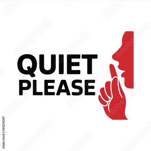 Quiet please sign typography with shushing gesture icon red silhouette black text vector graphic element