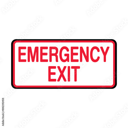 Emergency exit sign with red text on white background and rounded corners isolated on a transparent checkerboard