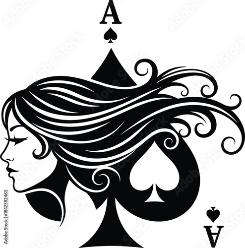 Elegant Queen of Spades Ace Vector Graphic Illustration, Beautiful Woman Face Profile Silhouette, Royal Playing Card Symbol, Casino Poker Game, Fantasy Tarot Design, Mystical Magic Art