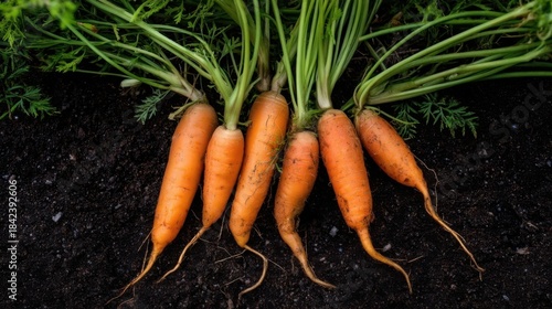 Freshly harvested carrots with green leaves lie on dark fertile soil,