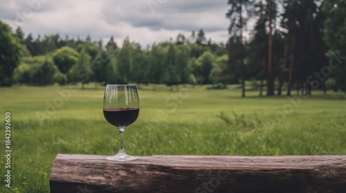 A glass of red wine rests on a wooden ledge amidst a vibrant green field surrounded by tall trees under a partly cloudy 