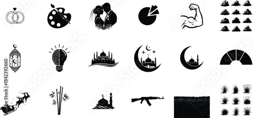 Silhouette icons isolated on transparent background featuring various shapes and objects
