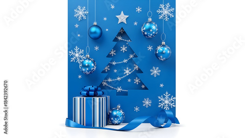 Blue Christmas Card with Elegant Cutout Tree, Blue Ornaments, Snowflakes, and Gift Box, Holiday Design