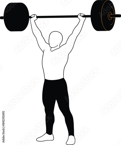 Strong Athlete Performing Overhead Barbell Press Clean and Jerk Olympic Weightlifting Competition Training Workout Fitness Power Strength Endurance Muscular Body Male Man Vector Illustration