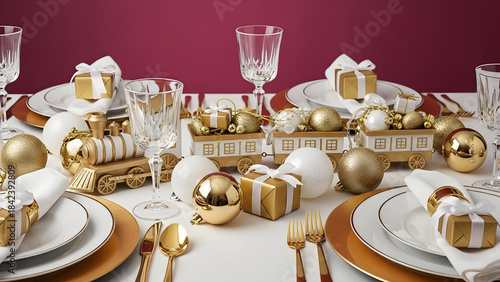 Elegant Christmas Dining Table with Gold and White Decorations, Mini Train, Gifts, and Festive Place Settings on Red Background