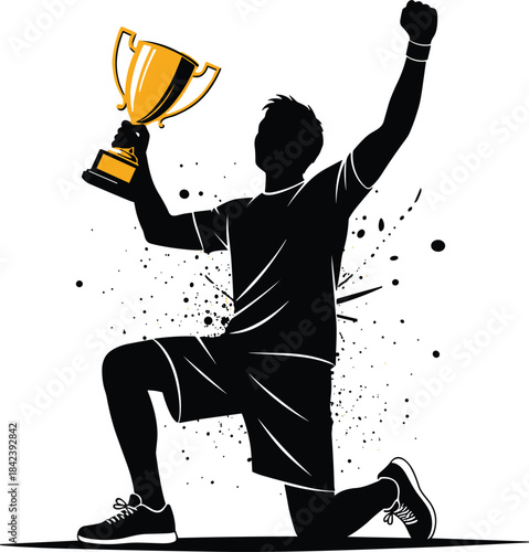 Victorious athlete silhouette celebrating championship win, kneeling triumphantly, holding golden trophy high, explosive background, success, achievement, competition, sport event, 