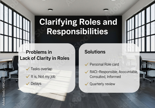 Clarifying Roles and Responsibilities Framework Showing Workplace Confusion Problems and Practical Solutions for Improving Team Productivity and Alignment.