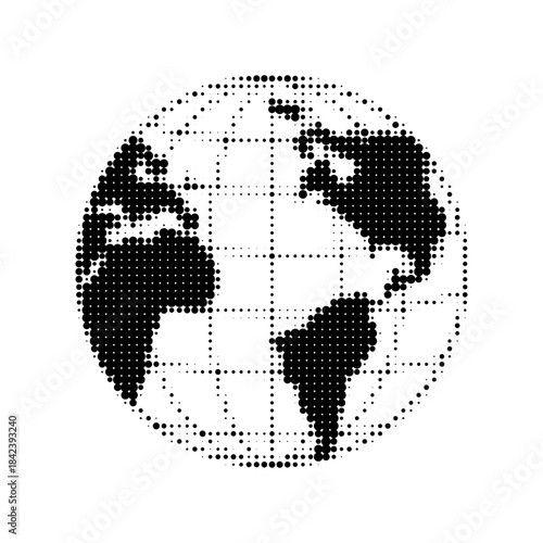 Halftone globe icon with world map and grid, monochrome dotted style. Global network, international connection, worldwide communication and technology concept isolated on white.