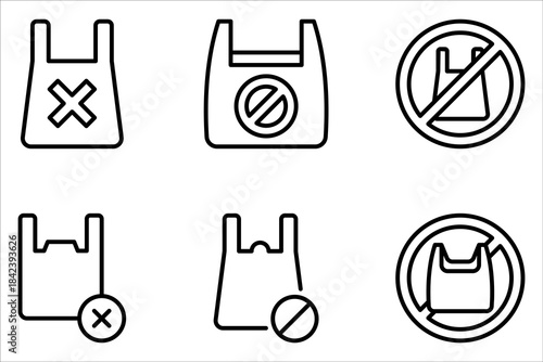 No plastic bag icon set. Reduce to use plastic bags on white background