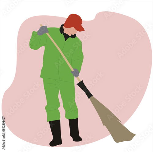 sweeper.  street cleaner worker. Garbage man working. Flat vector illustration


