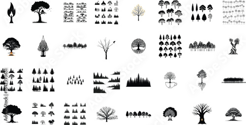 Silhouette of various trees and people isolated on transparent background