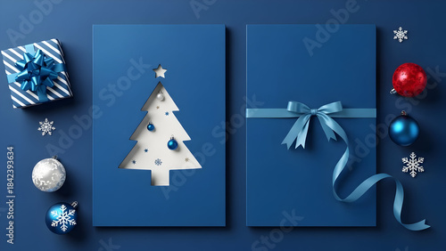 Minimalist Blue Christmas Greeting Card Design with Cutout Tree, Gift Box, Blue Ribbon, and Scattered Holiday Ornaments