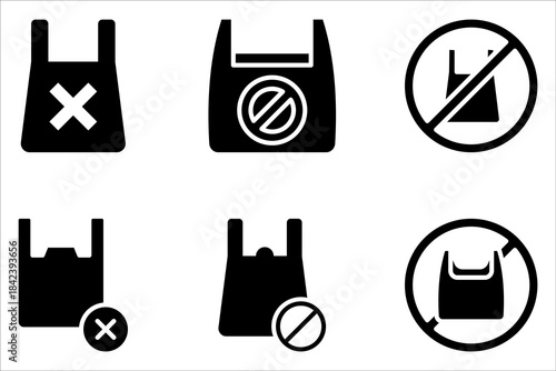 No plastic bag icon set. Reduce to use plastic bags on white background