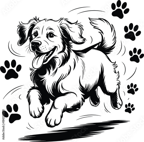Black and white vector illustration of a cute border collie dog sitting, isolated on a white background