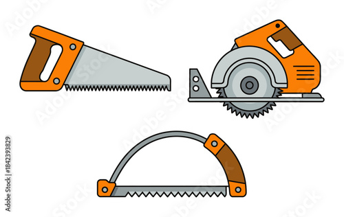 Hand saw hacksaw and circular saw blades with orange handles tools