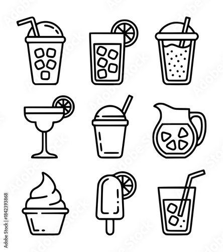 Nine black and white line of summer drinks and treats icecream popsicle