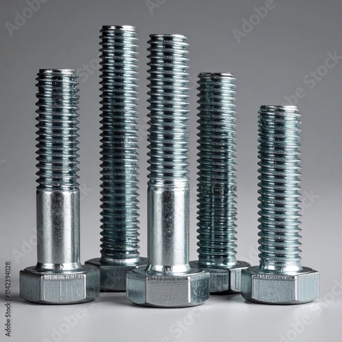 Five metallic bolts of varying heights, aligned closely