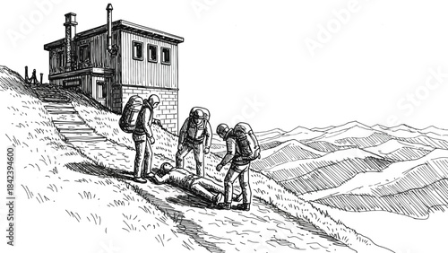 Silhouette of men approaching a building on a hill isolated on transparent background