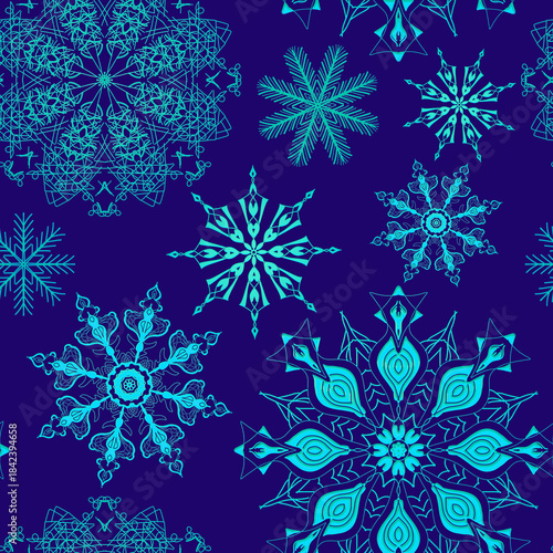 Background with delicate snowflakes for decorations. Seamless pattern. Christmas and New Year. For printing and textiles.