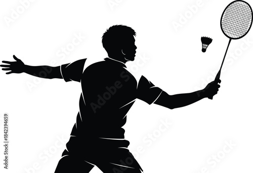 Silhouette of a badminton player in action isolated on transparent background