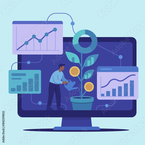 Person watering a growing plant inside a digital screen with charts and data panels. Flat illustration symbolizing business growth, analytics, planning and modern digital development.