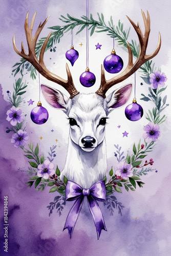 Whimsical watercolor white deer portrait with purple Christmas ornaments on antlers, floral wreath, and ribbon bow for holiday greeting card.
