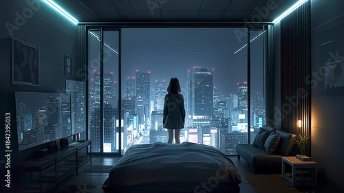 Woman standing by window overlooking futuristic city at night