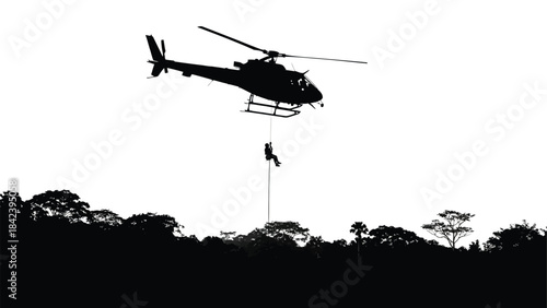 Silhouette of a helicopter lifting an object isolated on transparent background