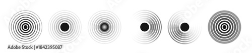 Black concentric circle. Sonar sound wave ring collection. Dotted and linear epicenter concept. Ripple radial vibration elements. Vector