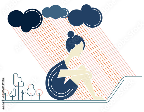 Abstract art of a sad woman sitting in the rain