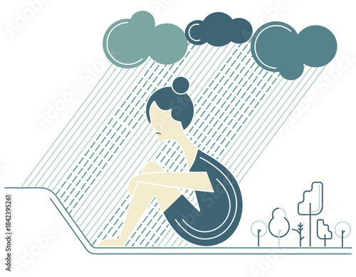 Abstract art of a sad woman sitting in the rain