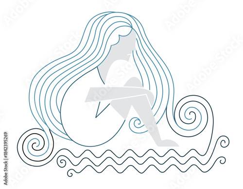 Abstract illustration of a sad woman by the water